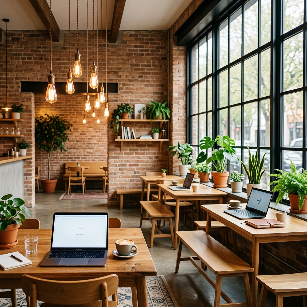 Modern minimalist coworking cafe interior with exposed brick walls, hanging Edison bulbs, wooden tables with laptops and coffee cups, green plants, natural light streaming through large windows, architectural photography, no people, warm amber tones