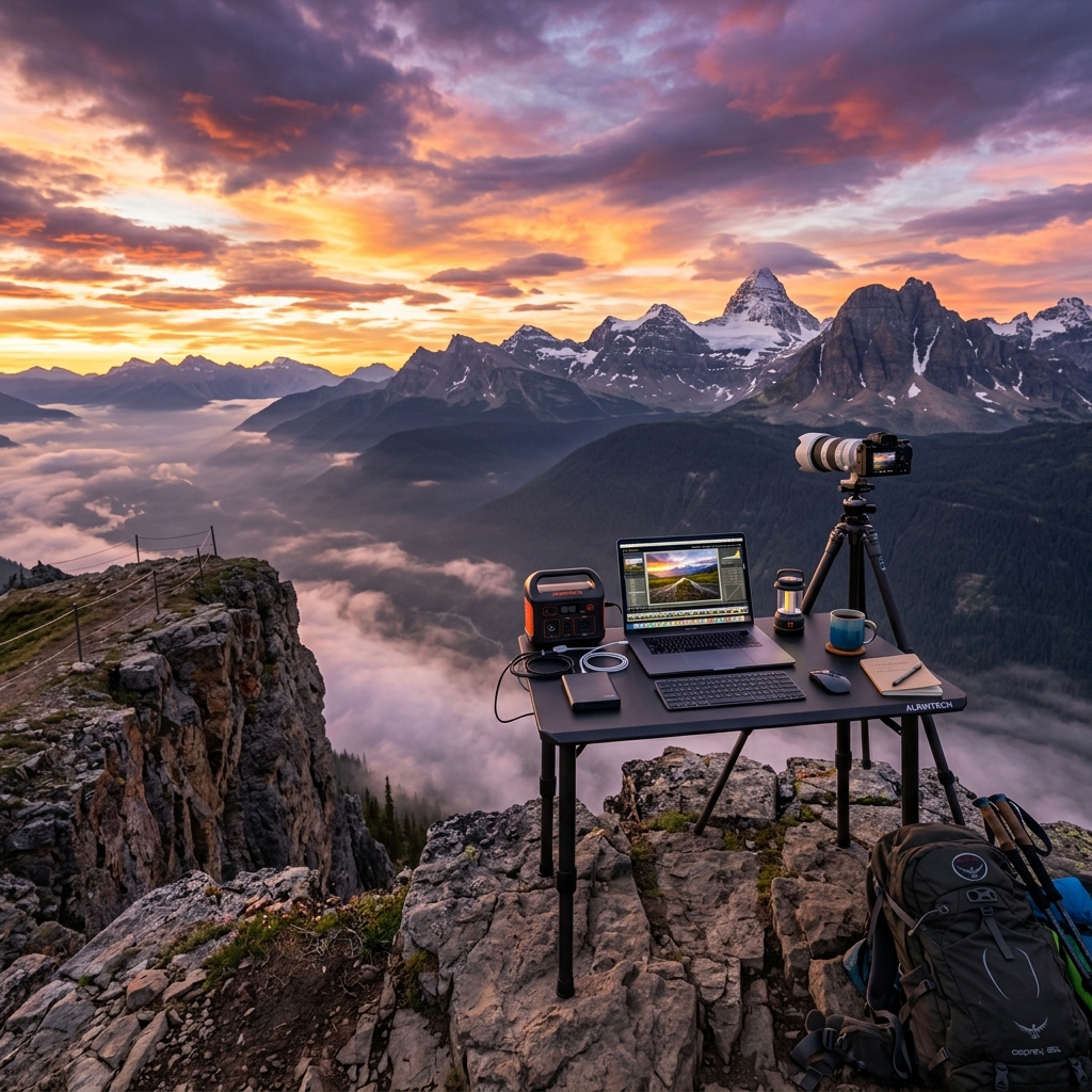 Breathtaking mountain landscape with a modern portable workstation setup on a cliff edge, dramatic sunrise clouds, misty valleys below, professional camera equipment and laptop on a carbon fiber travel desk, adventure lifestyle, no people, vibrant orange and purple sky