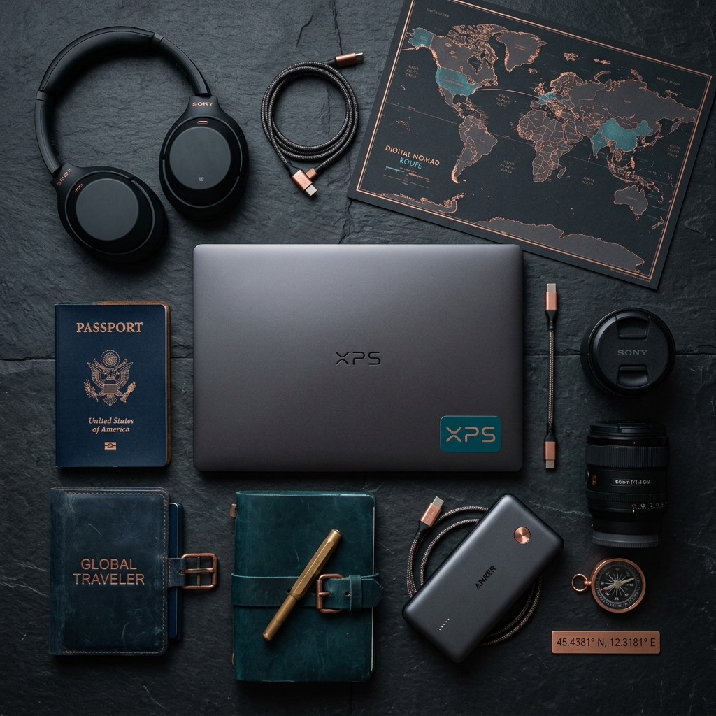 Flat lay photography of premium digital nomad travel gear on dark slate surface, ultrabook laptop, noise-cancelling headphones, passport, leather journal, portable charger, camera lens, world map, artistically arranged, studio lighting, no people, dark moody aesthetic with teal and copper accents